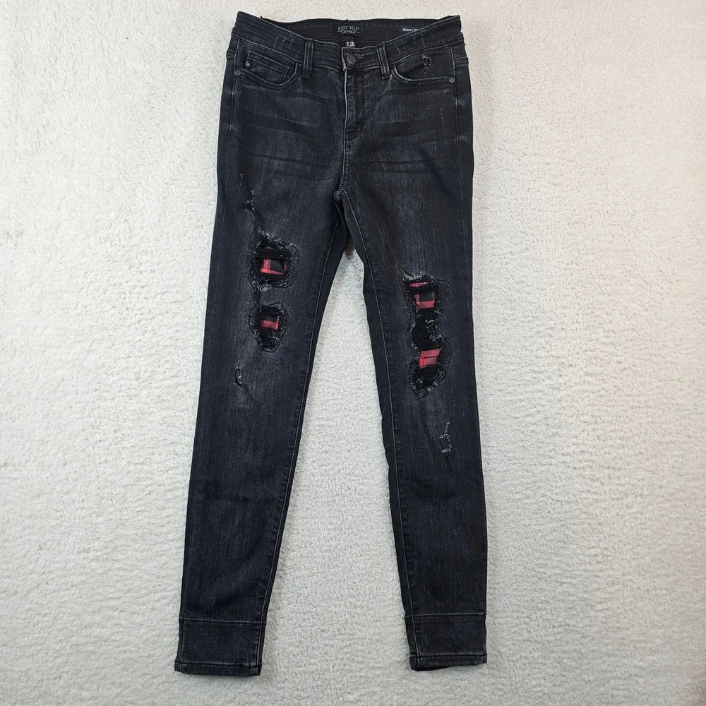 Judy Blue Skinny Fit Distressed Black Plaid Patch Jeans JB82191BK Size 7/28